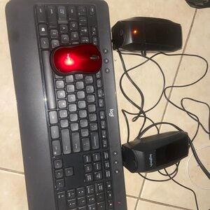 Logitech Black Keyboard with Red Mouse and Speakers